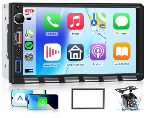 Double Din Car Stereo with Apple Carplay Wireless Android Auto, Hodozzy 7 HD IPS Touchscreen 2 Din Head Unit Car Radio with Bluetooth Youtube EQ FM SWC Backup Camera+USB/Type-C/Aux Piano Keys