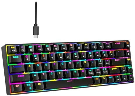 VBESTLIFE Tragbare, 60% Mechanische Gaming-Tastatur, RGB-Hintergrundbeleuchtung, Kompakte Kabelgebundene Tastatur mit 68 Tasten und RGB-Hintergrundbeleuchtung, Brauner Schalter,