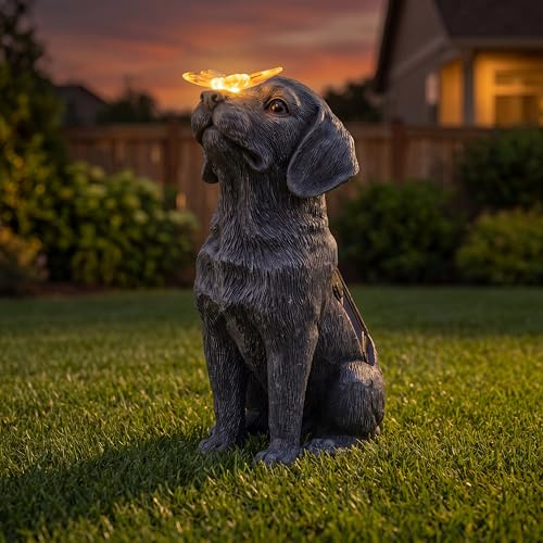 smallwell Solarleuchte Hund aus Harz mit Schmetterling, lustige Gartendeko Figur für Außen, wasserdichte Deko für Garten Balkon Terrasse, Geschenk für Hundebesitzer Frauen Männer Mama