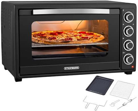 Steinborg® Miniugn 60 l med varmluft och vridspett, 2 000 W bordsugn stor XXL, 100–230 °C, 60 minuter timer, över-/undervärme och konvektion, pizzaugn 3-i-1 inkl. tillbehör