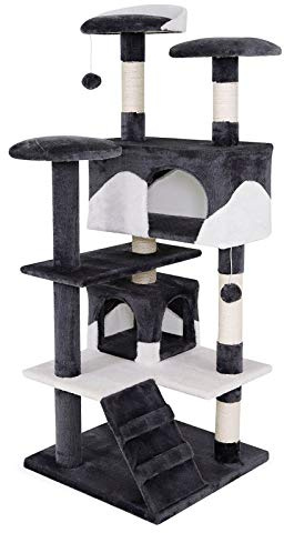 lionto Kratzbaum mit 2 Höhlen, 3 Plattformen & Treppe, 130 cm, Grau/Weiß | Großer Katzenbaum mit vielen Beschäftigungsmöglichkeiten & viel Sisal - Klettern, Spielen, Ausruhen & Krallenpflege