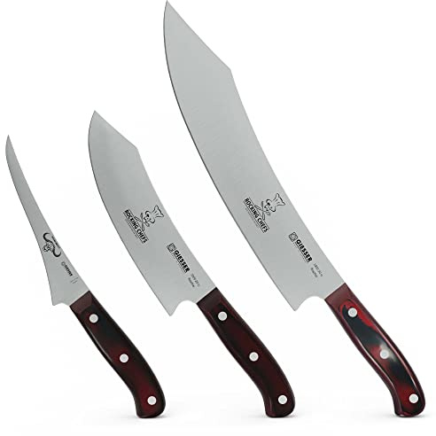 Giesser since 1776 - Made in Germany - PremiumCut, Rocking Chef, Juego de cuchillos de 3 piezas, Cuchillo de cocinero, para barbacoa, para filetear, rojo, Juego de cuchillos para barbacoa
