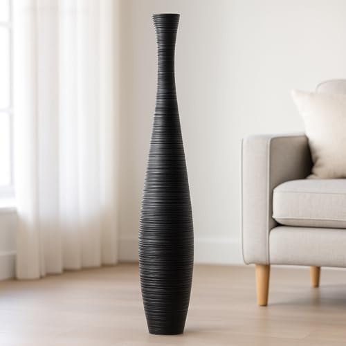 Leewadee Große Bodenvase 105 cm Mangoholz für Pampasgras & Trockenblumen | Dekovase fürs Wohnzimmer, für Zweige & Trockengräser - bruchfester als Keramik, kein Wasser. Boho