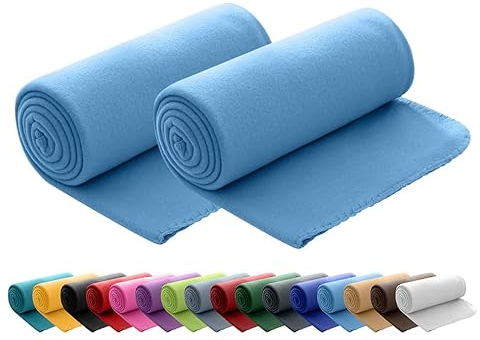 Set di 2 coperte in pile polare, OekoTex, 130 x 160 cm, circa 400 g di peso, con effetto anti-pelucchi e bordo rimagliato, colore: blu tenue