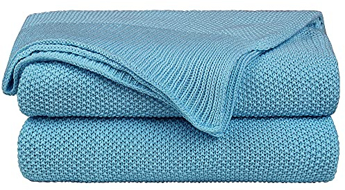 PiccoCasa Tagesdecke Baumwolle Strickdecke Sommerdecke pflegeleicht gesund als Sofadecke Sofaüberwurf für Fernsehen oder Lesen usw. Blau 130x150cm