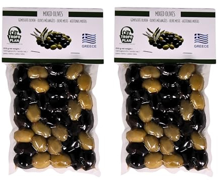 TrofoPlan Aceitunas Griegas Mixtas Kalamata y Verdes 400 g (2 x 200 g) – Aceitunas Premium Aliñadas | Envasadas al Vacío | Aperitivo Vegano