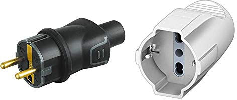 Bticino S2018Ge Spina Volante In Caucciù Bimateria, 2P+T Standard Tedesco, 16A, 3500 W, 250 V, Nero & S2676Tae Presa Volante Multistandard Italiano Bipasso/Tedesco, 2P+T, 16A, Bianco