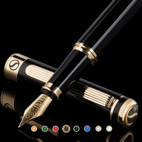 Scriveiner Black Lacquer Fountain Pen Stunning Pen, Real Gold Plating, Schmidt Gilded Nib (Extra Fine), Best Pen Gift Set for Men & Women, Professional, Executive, Office, Nice Pens