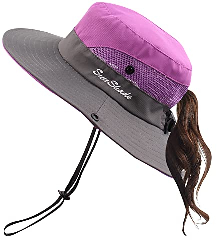 Pesaat Sonnenhut Damen UV Schutz Fischerhut knautschbarer Wasserfester Sommerhut mit Kinnband gartenhut Boonie hat damenfür Gartenarbeit Reisen Wandern Angeln (Lila-Mehrfarbig, Gr.Erwachsener)