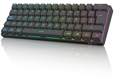 RK ROYAL KLUDGE RK61 Teclado Inalambrico, Español Teclado Mecánico Gaming 60% RGB Bluetooth/USB-C/2.4Ghz Interruptor Azul Hot Swap Compatible con MacBook/iPad/iOS/Mac OX/Windows PC Tableta, Negro