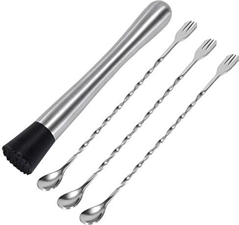 Cocktail-Stößel und Barlöffel aus Edelstahl, 21cm Crushed Ice Hammer und 26cm Cocktail Rührlöffel Bar Werkzeug Set für Mojitos und Andere Fruchtgetränke (4 Stück)