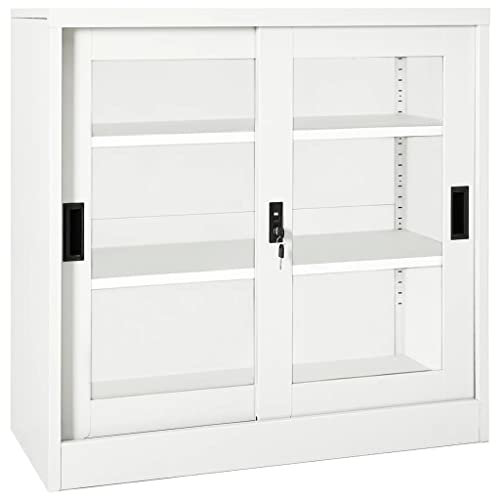 Schrank mit Schiebetür,Freistehender Büroschrank Aktenschrank Metallschrank Lagerschrank Materialschrank,für Unternehmen,Büro,Schule,Weiß 90x40x90 cm Stahl(Einfacher Zusammenbau)