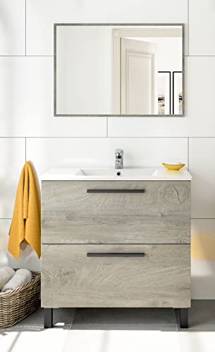 CAESAROO Mobile bagno a terra 80 cm Rovere con lavabo e specchio - Rovere chiaro, Standard