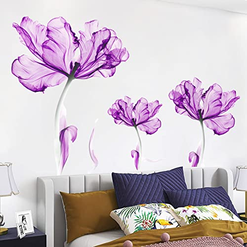 Tanlaby Leichte lila Blume Wandtattoo Großes Violett Blumen Wandsticker Lotusblüte Wandaufkleber für Frauen Erwachsene Wohnzimmer Schlafzimmer Büros Sofa Hintergrund Hause Wanddekoration