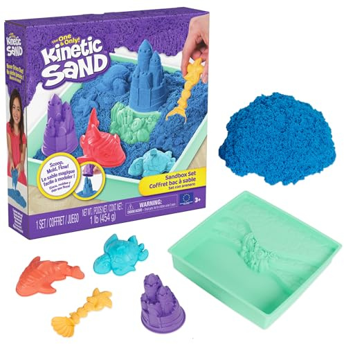 Kinetic Sand Sandbox Set Blå – med 454 g original magisk kinetisk sand från Sverige, 1 sandlåda, 3 formar, 1 spade för kreativt inomhussandspel, för barn från 3 år