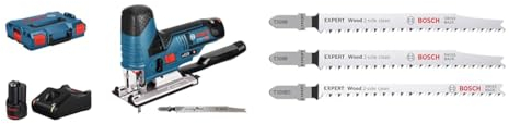 Bosch Professional 12V Akku Stichsäge GST 12V-70 (inkl. 2x Sägeblatt, Akkus & Ladegerät, in L-BOXX) + 3x Stichsägeblatt Set Expert ‘Wood 2-Side Clean‘ (für Sperrholz, Massivholz-Möbelplatte, L 117 mm)