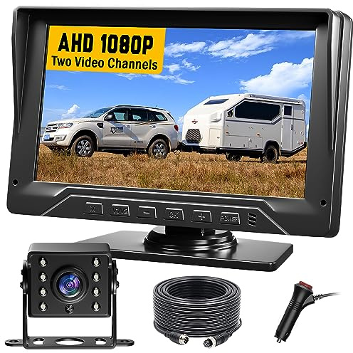 RV Backup Camera Plug and Play, 7'' Backup Camera for Truck Trailer, No Delay, 1080P HD, 2 Channels, 150° Wide Angle, DIY Guide Lines, Night Vision, IP69 Rear View Camera