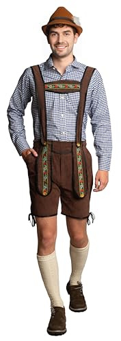 Partychimp Oktoberfest Tracht Set för män (kort mörkbrun lederhosen med hängslen + Oktoberfest-blus blå eller röd)