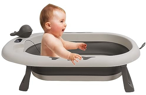 Luqeeg Babybadewanne, Tragbare Badewanne mit Temperatursensor, Grobe Anti-Rutsch-Unterstützung, Praktisches Ablauflochdesign, Faltbare Badewanne für Neugeborene (Dämmerungswolkengrau)