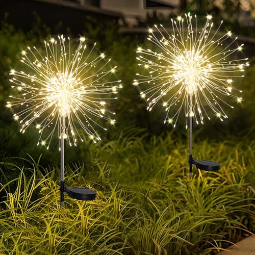 Yomistar Solarleuchten für außen 2 Stück 150 LED Gartenleuchten Solar, 8 Modi Solar Gartenstecker Wasserdicht Solarleuchten Feuerwerk Solar Pusteblume für Terrasse Rasen Garten Deko
