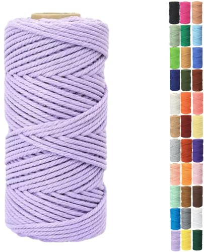 Binwat 5mm x100m Macrame Cord Thick Natural Cotton Cord DIY Crafts Yarn Thread Twisted Spool Twine String Cotton Rope for Wall Hanging,Plant Hangers,Knitting,Decorative Projects(Light purple)
