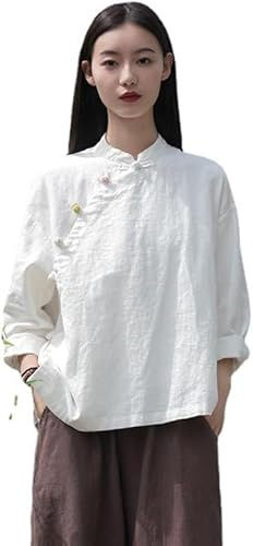 Kkaebi Blusa Cinese In Ramie Per Donne - Camicia Hanfu Estiva In Cotone E Lino Abbigliamento Tradizionale Tuta Da Meditazione Con Maniche Lunghe Top Tunica Retrò (M,Bianco)