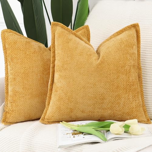 MADIZZ Set med 2 Chenille Velvet Gul Kuddfodral med Fläns Mjuka Boho Texturerade Kuddfodral Breddsidiga Kuddöverdrag Moderna Gårdsinredning för Sovrum Soffa 50x50 cm