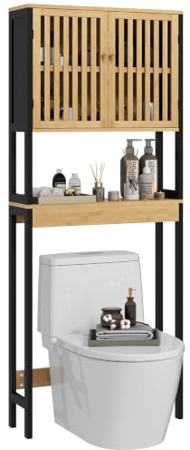 HOMCOM Mobile Sopra WC Salvaspazio Organizer 60x21.5x172cm Legno | 2 Ante, Ripiano Aperto, Mobiletto Bagno, Ante a Doghe