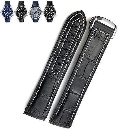 INSTR Gummi-Leder-Armbänder mit gebogenem Ende für Omega Seamaster 300 Speedmaster AT150 HydroConquest Sportarmband 19 mm 20 mm 21 mm 22 mm(Black leather white,21mm)