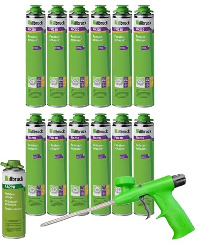 FM230 - Mousse de construction pour fenêtres et façades - Jusqu'à 30 % flexible - Haute isolation acoustique - 750 ml - Combinés (avec nettoyant AA290 et pistolet à mousse Illbruck, 12 pièces)