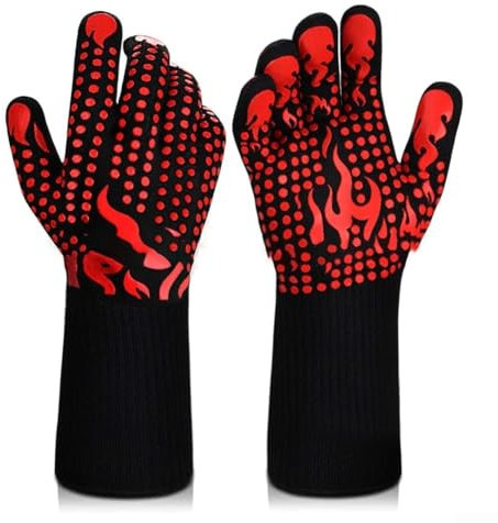Eawfgtuw Hitzebeständige Grillhandschuhe, 426 °C, Ofenhandschuhe, Küche, Kochen, Grillhandschuhe, rutschfester Silikongriff, feuerfeste Backhandschuhe für Männer und Frauen, Schwarz/Rot, 33 x 18 x 5