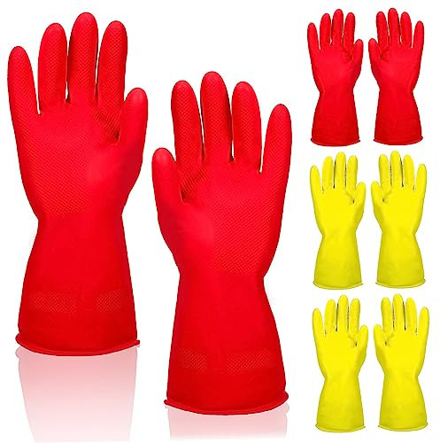 HOMOCONO 4 Pairs Rubber Cleaning Gloves Large Size Reusable Non-slip Dishwashing Mittens for Household Kitchen Washing up Gloves in Yellow and Red