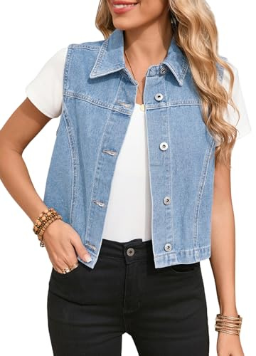 Sidefeel Women's Denim Vest Sleeveless Collared Crop Jean Vest Top Button Down Waistcoat Iceland Blue Large