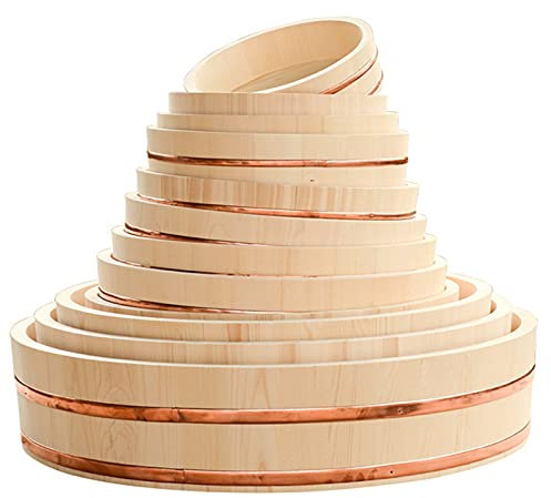 Wooden Sushi Rice Bowl Container Japanese Wooden Hangiri Sushi Rice Mixing Bowl Tub with Copper Bands for Restaurant Home Kitchen