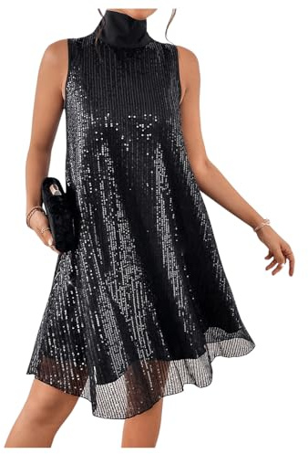 Floerns Women's Contrast Sequin Sleeveless Tank Dress High Neck Bow Shiny Party Dress Black X-Large