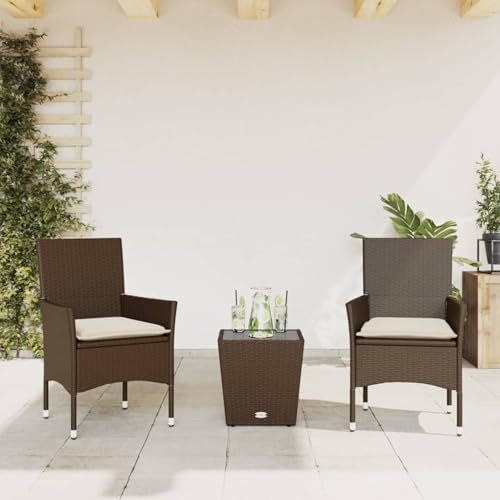 Xichuzi 3-TLG. Bistro-Set mit Kissen Braun Poly Rattan und Glas, Gartenset Tisch Und Stühle, Balkon Möbel Für Kleinen Balkon, Terrassenmöbel, Balkonset, Balkonmöbel - 3278741