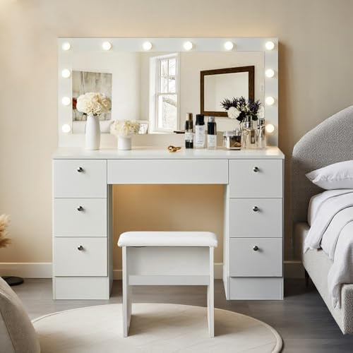 LEMROE White Dressing Table Set with Hollywood Lights, 7 Drawers Vanity Table with Mirror and Stool, Large Makeup Desk for Bedroom Girls Dressing Room