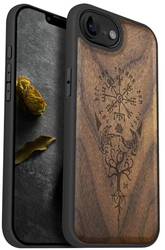 Carveit Étui en Bois pour iPhone 16e / 17e, (Noyer-Viking Compas) | Bois Étui de Magnétique Téléphone Antichoc TPU, Protection Case Compatible Magsafe pour iPhone 17e / 16e Coque
