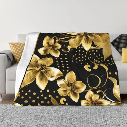Ultraweiche Fleecedecke mit schwarzen und goldenen Blumen, gemütlich, leicht und warm für Bett, Couch, Sofa und Reisen