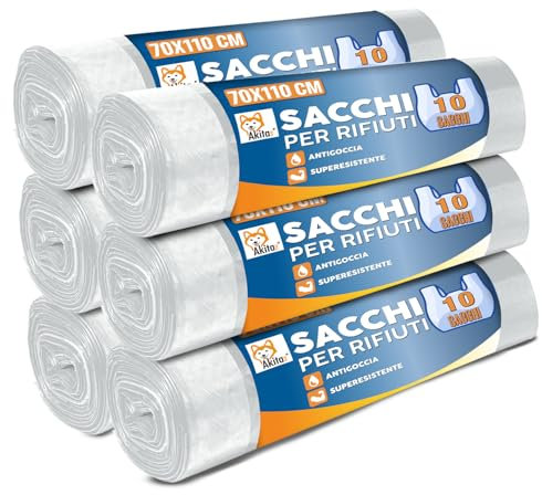 Akitaink - 60 Sacchetti Spazzatura 110L, 6 Rotoli da 10 Sacchi Pattumiera 70x110cm Trasparente, Ultra Resistenti Antigoccia Antistrappo, Sacchi Immondizia Casa Ufficio