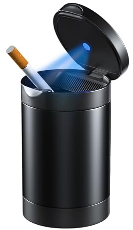 NYTKL Car Ashtray with Lid, Smokeless Smell Proof Cup Holder Ash Tray with LED Blue Light, Detachable Ashtray Portable Trash Can for Vehicle Home Office, Universal Car Accessories (Black)