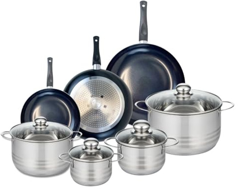 Elo Batterie cuisine 3 poêles 20/24/28 cm et 4 faitouts 14/16/20/24 cm | Cuisson complète et rapide, 7 pièces pour tout faire, Aluminium léger, 3 poêles 20 24 28 cm, 4 faitouts 14 16 20 24 cm, Inox