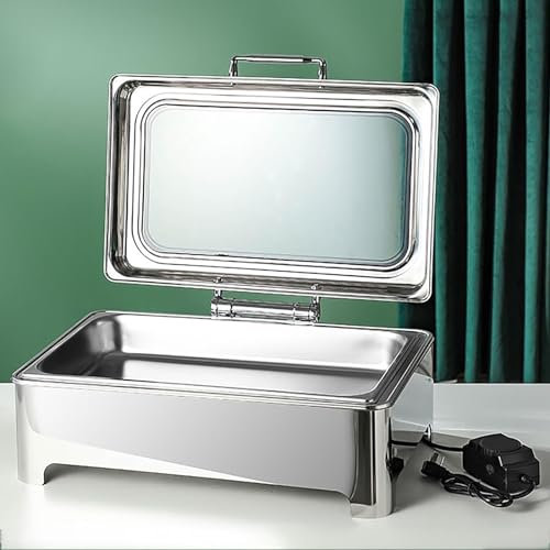 WOTZOV Elektrisches Chafing Dish Buffet-Set, 400 W, Chafing Dishes, Buffet-Servier- und Warmhalteplatten aus Edelstahl mit Glasdeckel, 9 Heizstufen, Speisenwärmer, Chafing Dishe，Single Grid