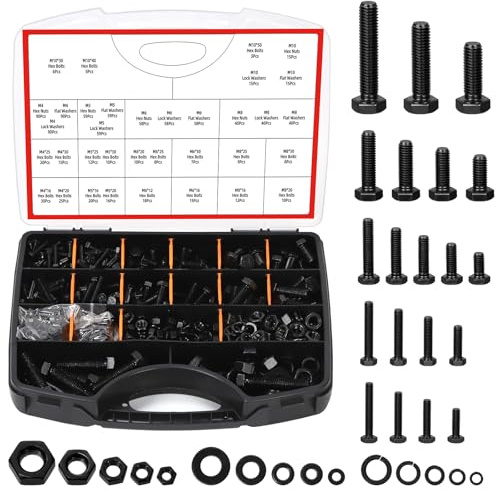 Glarks 1045pcs M4/M5/M6/M8/M10 grade 8.8 vis à boulon hexagonal avec écrous et rondelles Set, comprend 259pcs boulons hexagonaux, 262pcs écrou hexagonal, 524pcs rondelles