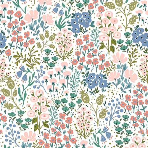 VEELIKE Tapete Blumen Blau Rosa Graffiti Blumentapete Vintage Fototapete Schlafzimmer Wohnzimmer Kinderzimmer Selbstklebende Tapete Floral Mustertapete Möbelfolie Muster Tapeten 44.5 cm x 300 cm