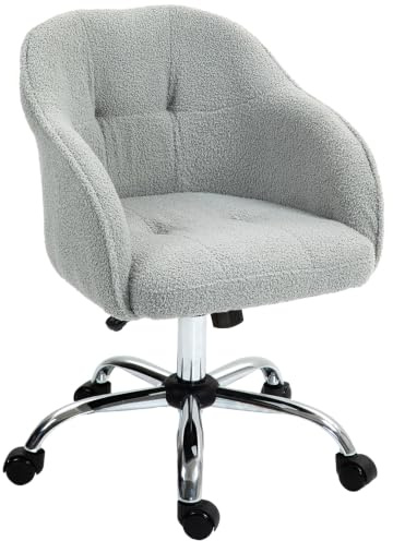 HOMCOM Chaise de Bureau Peluche Teddy Réglable Gris | Fauteuil de Bureau Ergonomique, Assise et Dossier Rembourrés, Pivotant 360°, Design Moderne
