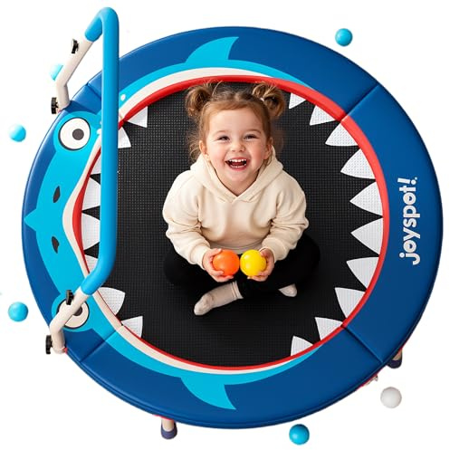 Shark-Themed 3ft Kids Trampoline, 36” Foldable Mini Trampoline for Toddlers Ages 3-6, Adjustable Handle, Supports 100 lbs, Safety Padded Jump Mat, Foldable Legs for Indoor Outdoor, Gift for Boys Girls