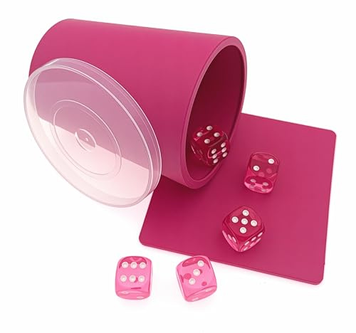 DiceCupFlex - Flexibler Würfelbecher mit Deckel inkl. 5 Würfel und Würfelteller - Made in Germany (Pink Teller)
