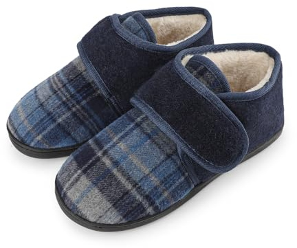 riemot Men's Slippers Fluffy Slipper Comfy Warm Anti-Skid Slip On House Slippers Memory Foam Slipper for Men Adjustable Wide Fit Indoor Outdoor House Shoes, Fleece Lined Navy, 8 UK