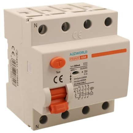 Interrupteur différentiel triphasé pur pour sauver des vies 300mA type A 63A, RCCB 3P+N 6kA 380V, 4 modules DIN, série PR8NM, électromagnétique, certifié IEC61008-1